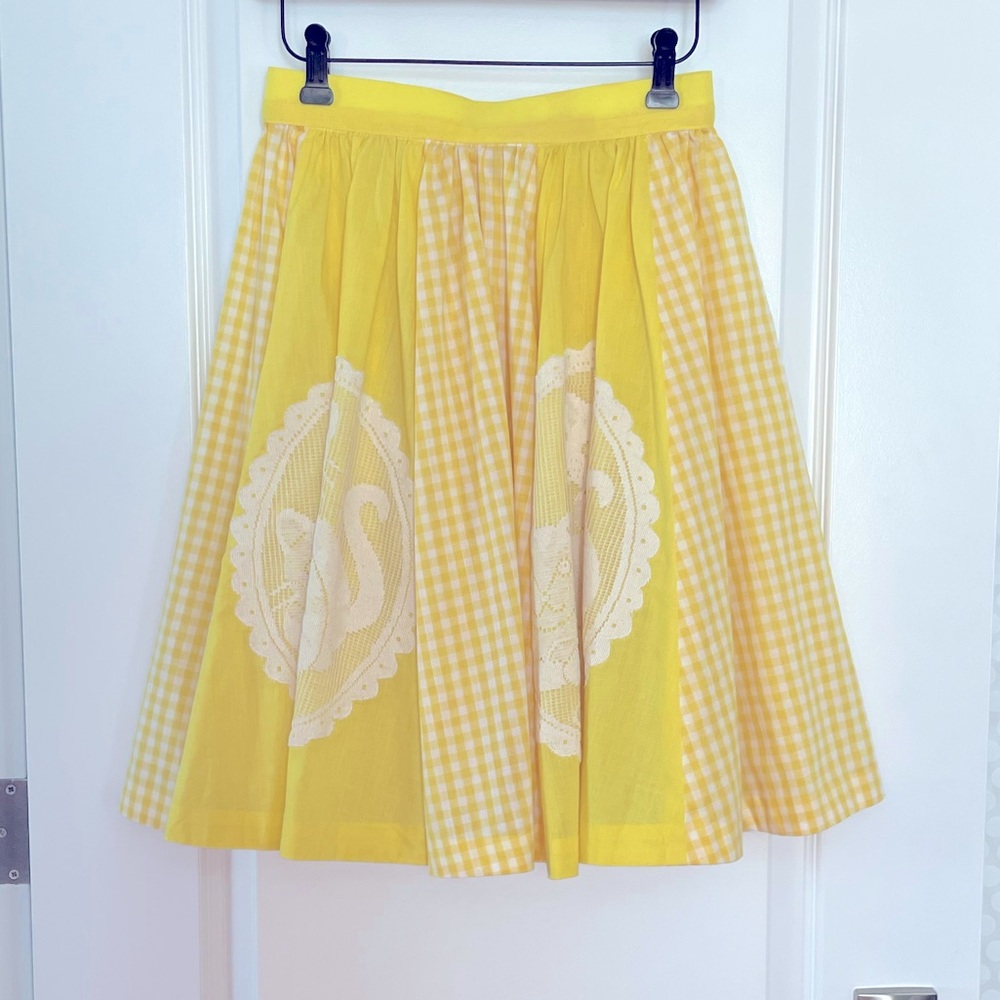 Vintage Yellow Checkered Cat Print Skirt